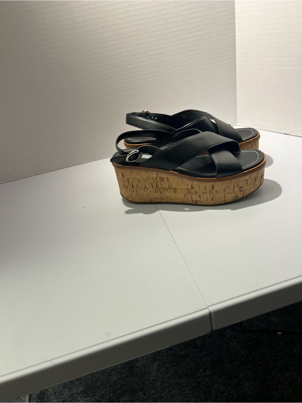 Prada Black Leather Cork Wedge Sandals with Slingback